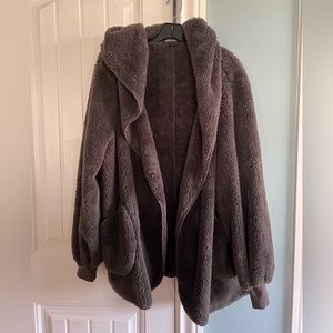 Women’s Zenana Forever Cozy Dark Gray Sherpa Jacket w/Hood L